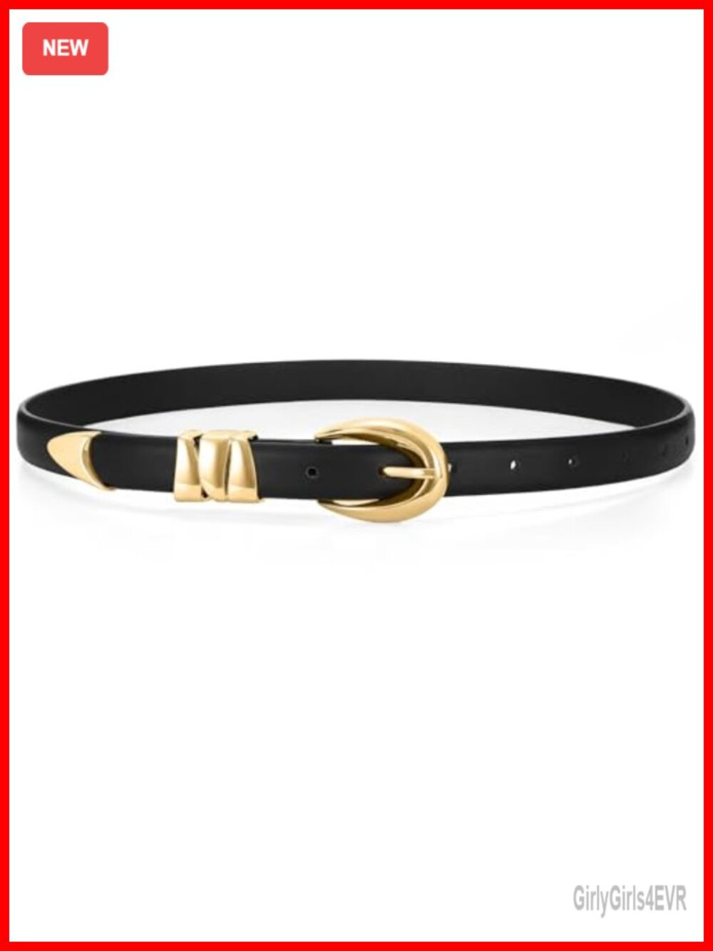 Women's Skinny PU Leather Belt with Gold Buckle, 10 Holes, 0.8 Inch Width
